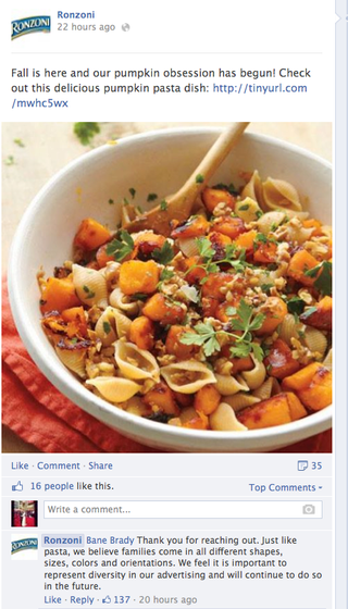 Illustration for article titled Ronzoni pasta throws it's support behind equality.